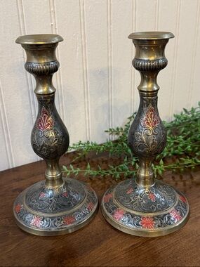 Set of 2 Vintage Etched Red and Green Brass Candle Stick Holders Ornate Floral